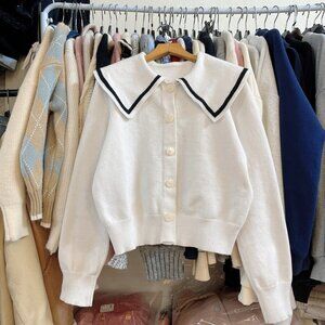 Preppy White Knit Cardigan Black Trim Collar